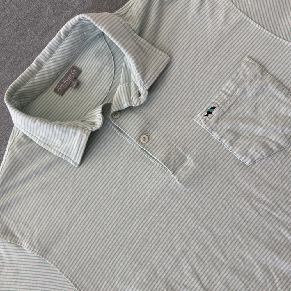 Fish Hippie Co Mens XL Polo Shirt Green White Striped Short Sleeve Pocket Logo
